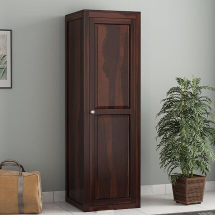 Wooden Single Door Wardrobe with 5 Shelves - Adam Walnut Finish