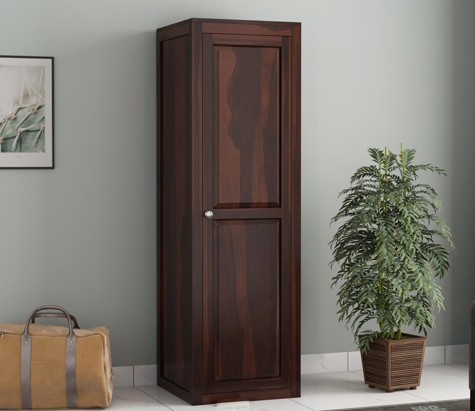 Wooden Single Door Wardrobe with 5 Shelves - Adam Walnut Finish