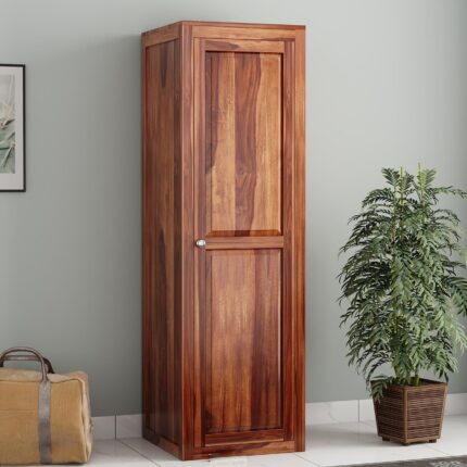 Wooden Single Door Wardrobe with 5 Shelves - Allen Honey Finish