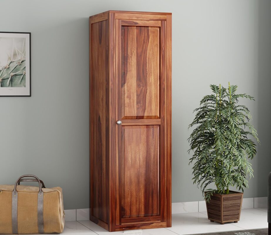 Wooden Single Door Wardrobe with 5 Shelves - Allen Honey Finish