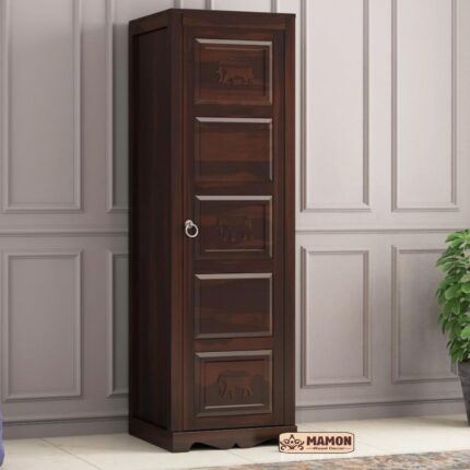 Wooden 1 Door Wardrobe with 1 Drawer, 3 Shelves & Hanging Space - Asher Walnut