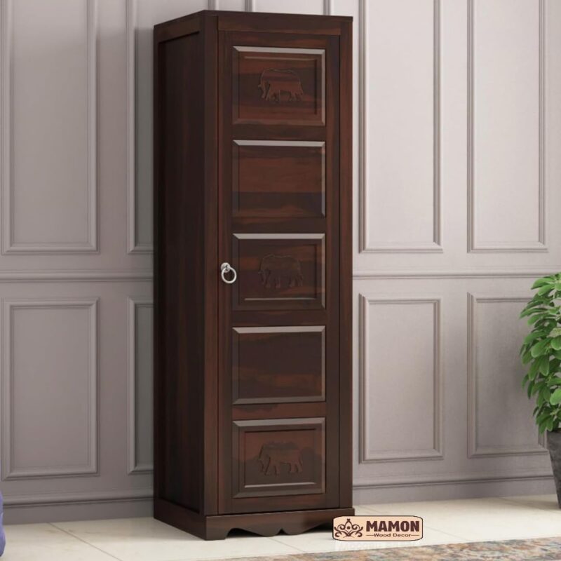 Wooden 1 Door Wardrobe with 1 Drawer, 3 Shelves & Hanging Space - Asher Walnut