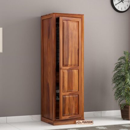 Wooden Single Door Wardrobe with 2 Drawer, 2 Shelves & Hanging Space - Cage Honey
