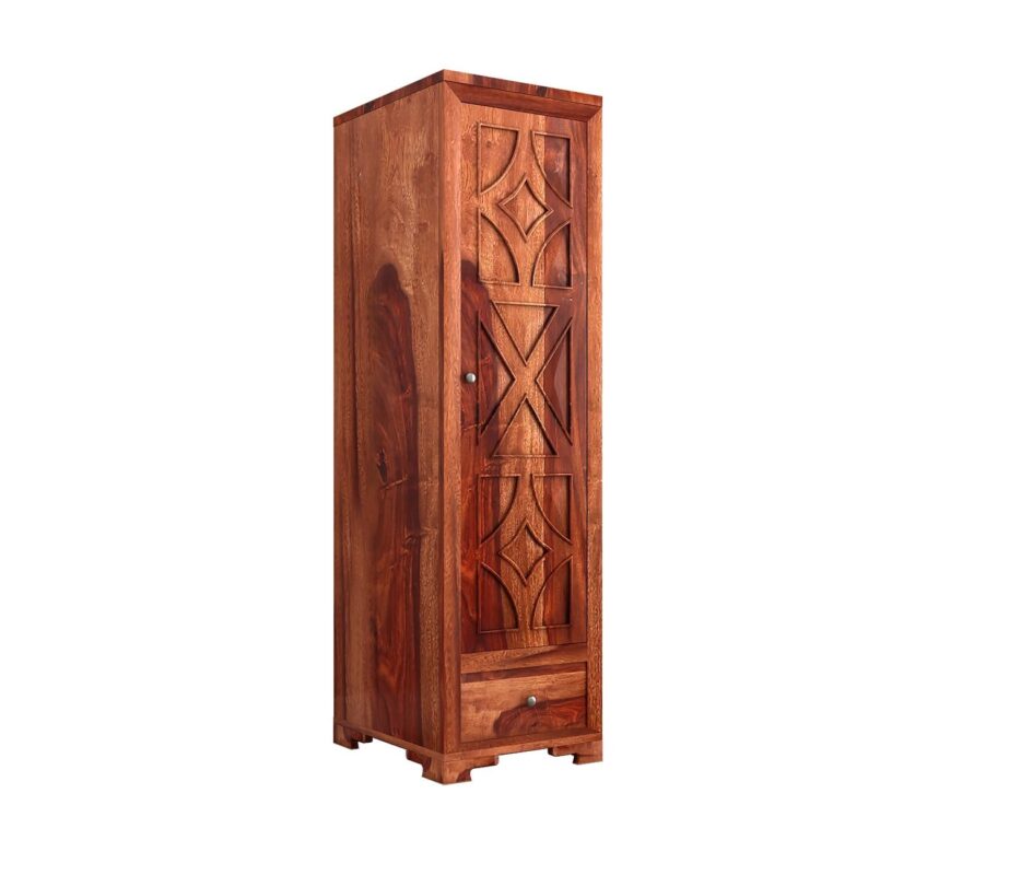 Wooden Single Door Wardrobe with 1 Drawer & 4 Shelves - Davis Honey Finish