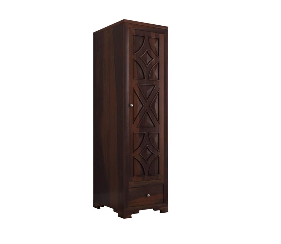 Wooden Single Door Wardrobe with 1 Drawer & 4 Shelves - Davis Walnut Finish