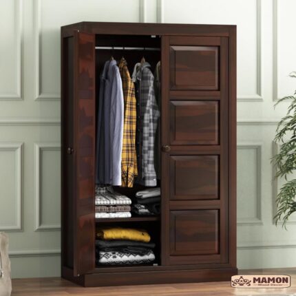 Wooden 2 Door Wardrobe with 2 Shelves & Hanging Space - Ford Walnut Finish