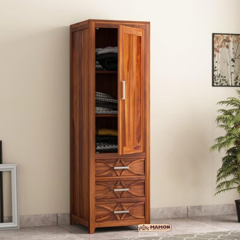 Wooden Single Door Wardrobe with 3 Drawer & 3 Shelves - Jack Honey Finish