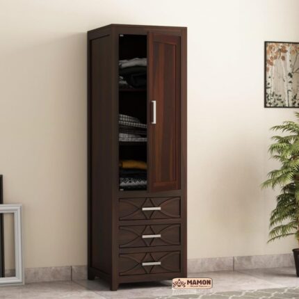 Wooden Single Door Wardrobe with 3 Drawer & 3 Shelves - Jack Walnut Finish