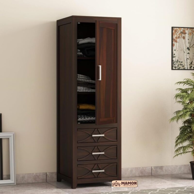 Wooden Single Door Wardrobe with 3 Drawer & 3 Shelves - Jack Walnut Finish