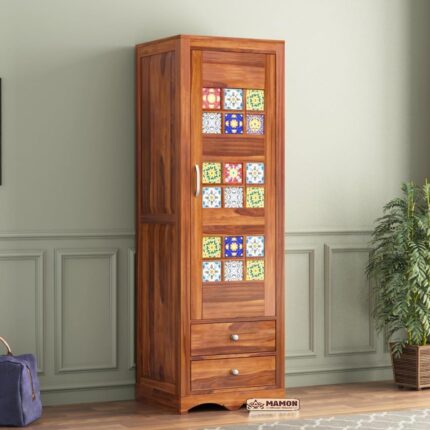 Wooden 1 Door Wardrobe with 2 Drawer, 2 Shelves & Hanging Space - Jacob Honey