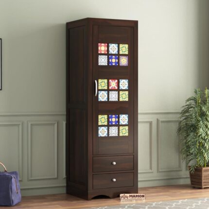 Wooden 1 Door Wardrobe with 2 Drawer, 2 Shelves & Hanging Space - Jacob Walnut