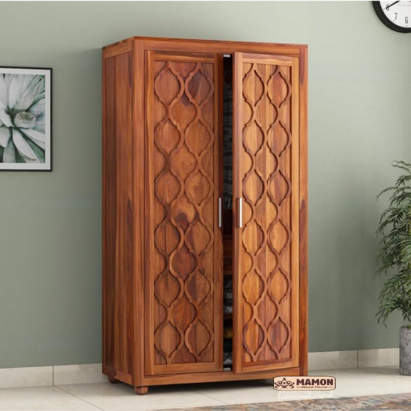 Wooden 2 Door Wardrobe with 2 Drawer, 3 Shelves & Hanging Space - Johnny Honey