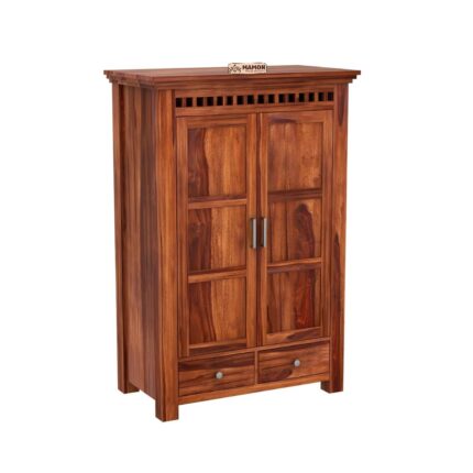 Wooden 2 Door Wardrobe with 2 Drawer, 2 Shelves & Hanging Space - Robin Honey