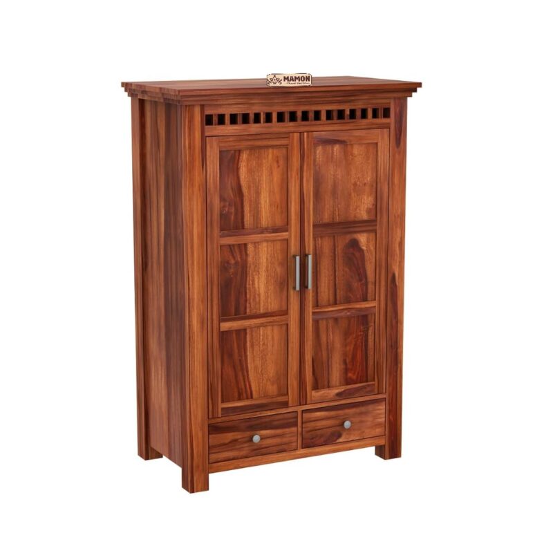 Wooden 2 Door Wardrobe with 2 Drawer, 2 Shelves & Hanging Space - Robin Honey