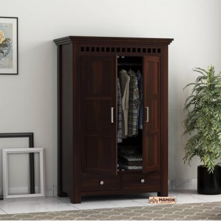 Wooden 2 Door Wardrobe with 2 Drawer, 2 Shelves & Hanging Space - Robin Walnut