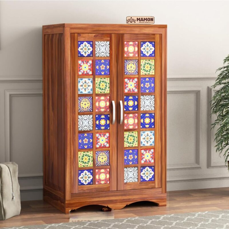 Wooden 2 Door Wardrobe with 2 Shelves & Hanging Space - Ryan Honey Finish