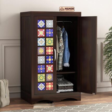 Wooden 2 Door Wardrobe with 2 Shelves & Hanging Space - Ryan Walnut Finish
