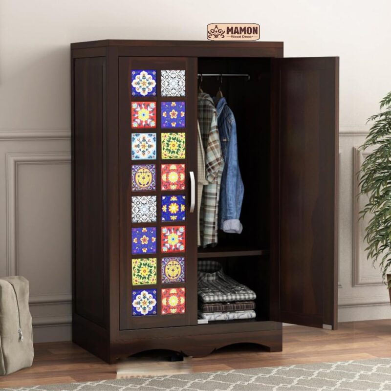 Wooden 2 Door Wardrobe with 2 Shelves & Hanging Space - Ryan Walnut Finish