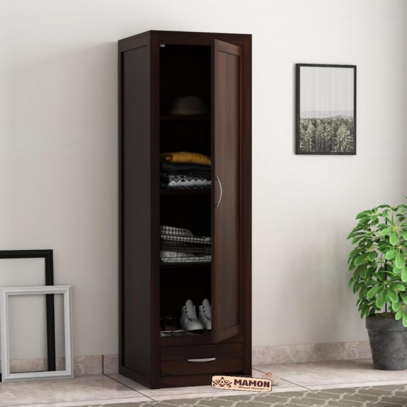 Solid Sheesham Wood 1 Door Wardrobe with 4 Shelves & 1 Drawer