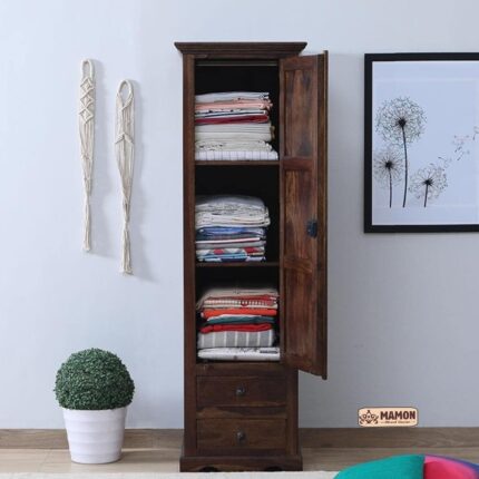 Sheesham Wood Single Door Wardrobe Cabinet - Brown Cherry, Pre-Assembled