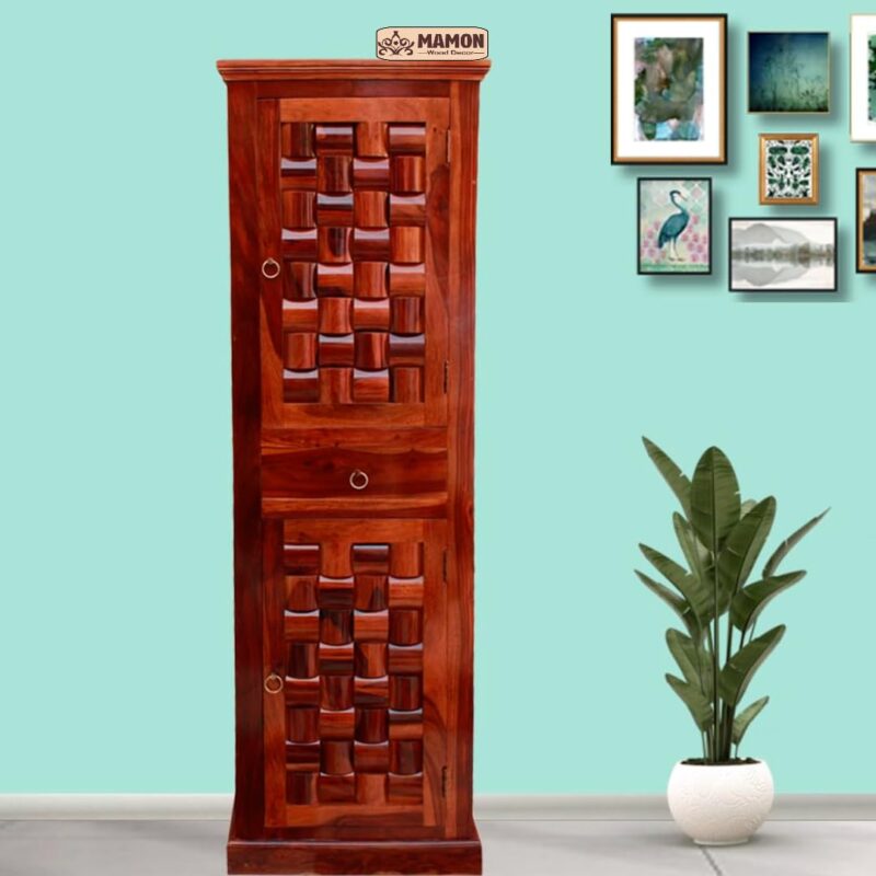 Sheesham Wooden Niwar 2 Door Almirah with 4 Shelf & 1 Drawer - Brown Metallic Finish