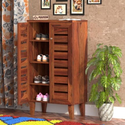 Wooden Small Shoe Rack with Door - Sheesham Wood, Teak Finish