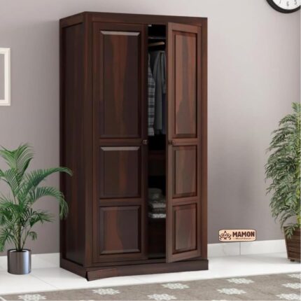 Sheesham Wood Wardrobe with 3 Drawer & 4 Shelves Storage - Light Walnut Finish