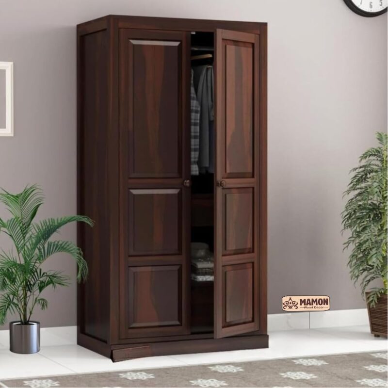 Sheesham Wood Wardrobe with 3 Drawer & 4 Shelves Storage - Light Walnut Finish
