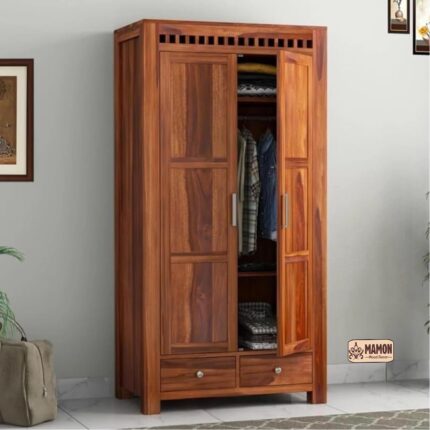 Sheesham Wood Wardrobe with 2 Door & 2 Drawer Storage - Modern Bedroom Cupboard