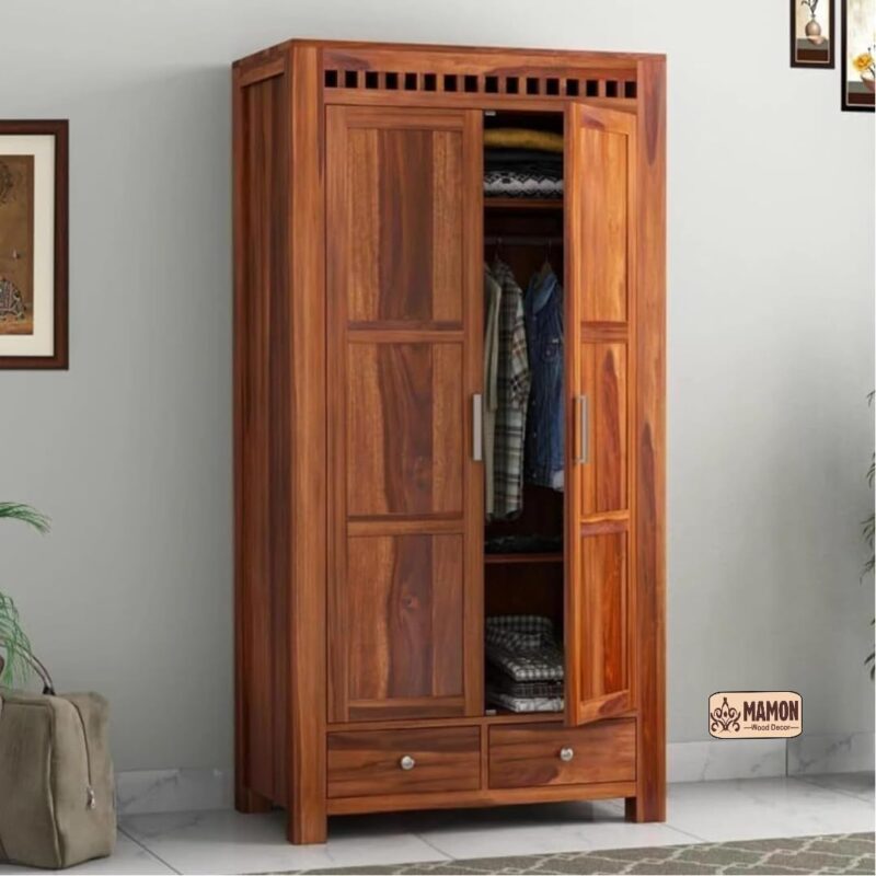 Sheesham Wood Wardrobe with 2 Door & 2 Drawer Storage - Modern Bedroom Cupboard