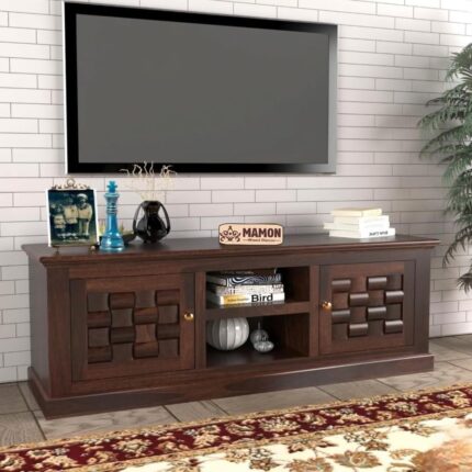 Solid Sheesham Wood TV Cabinet with 2 Door & 2 Shelf Storage - Walnut Finish