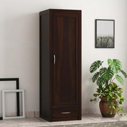 Solid Sheesham Wood Single Door Wardrobe with 1 Drawer & 4 Shelf Storage