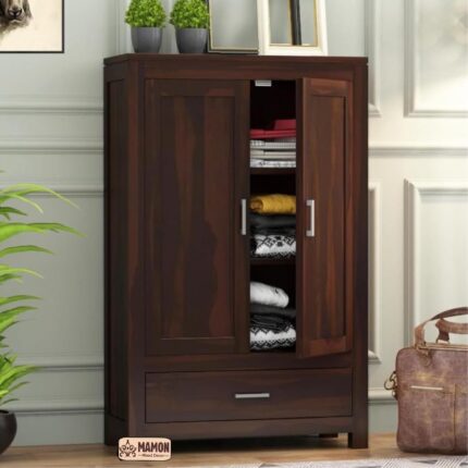 Sheesham Wood Wardrobe with 1 Drawer and 3 Shelves Storage - Walnut Finish