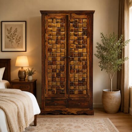 Solid Sheesham Wood Wardrobe with 2 Door & 2 Drawers Storage - Natural Finish