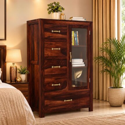 Sheesham Wooden Chest of Drawer with 5 Drawer & 3 Shelves Storage