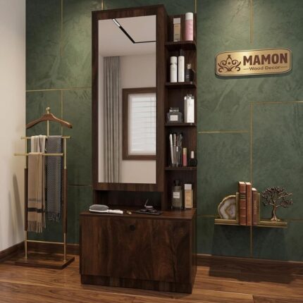 Solid Wood Dressing Table with Mirror - Tall Vanity Table, Walnut Brown