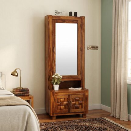 Solid Wood Dressing Table with Mirror - Tall Vanity, Honey Oak Finish