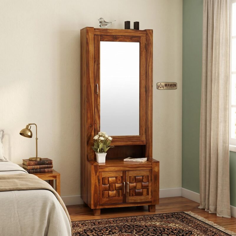 Solid Wood Dressing Table with Mirror - Tall Vanity, Honey Oak Finish