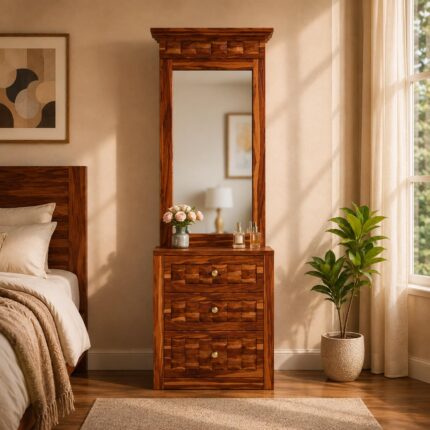 Solid Wood Dressing Table with Mirror and Storage - Brown Finish