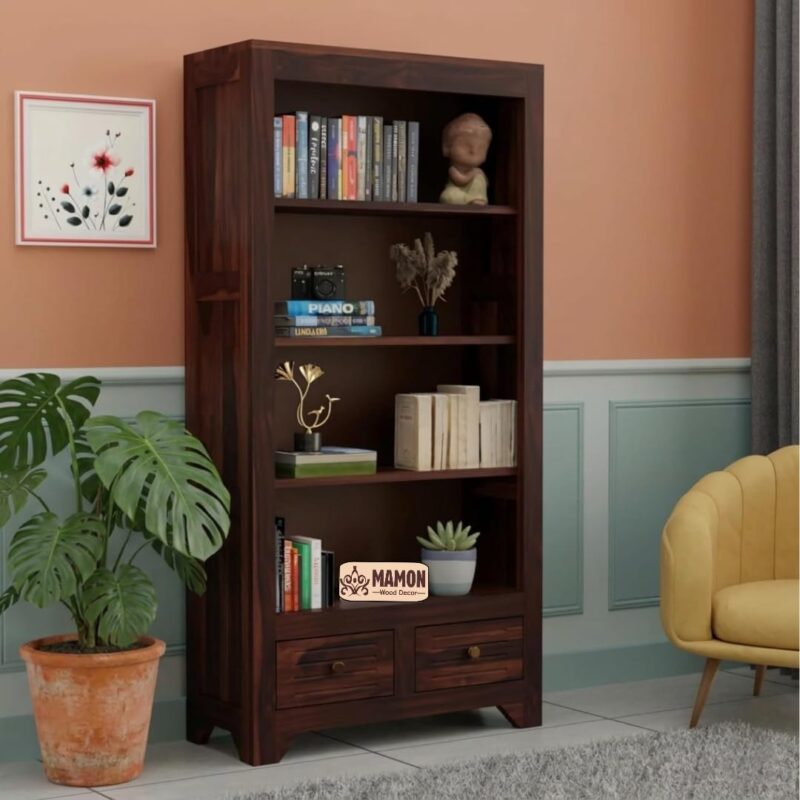 Solid Wood Semi-Open Book Shelf with 2 Drawers - Walnut, Pre-Assembled