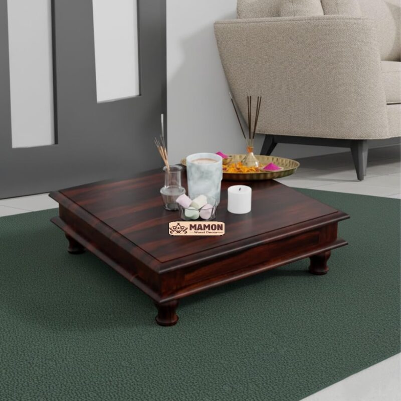Sheesham Wood Pooja Chowki for Home Temple - 51x51x17 cm, Brown