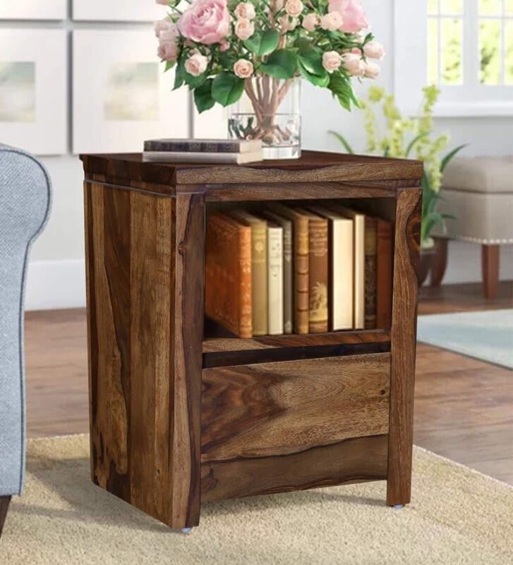 Sheesham Wood Bedside Table with 1 Drawer & 1 Shelf (Design 14)