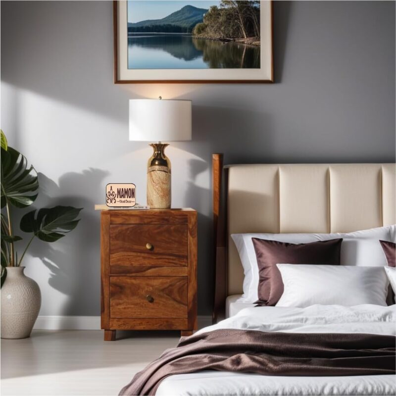 Sheesham Wood Bedside Table with 2 Drawers (Design 3)