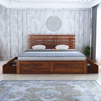 Sheesham Wood Queen Size Bed - Honey