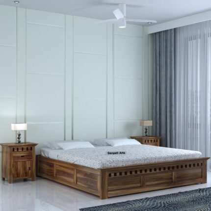 Sheesham Wood Queen Size Bed - Teak Finish-Box