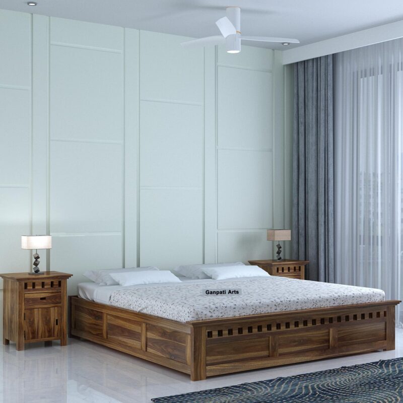 Sheesham Wood Queen Size Bed - Teak Finish-Box