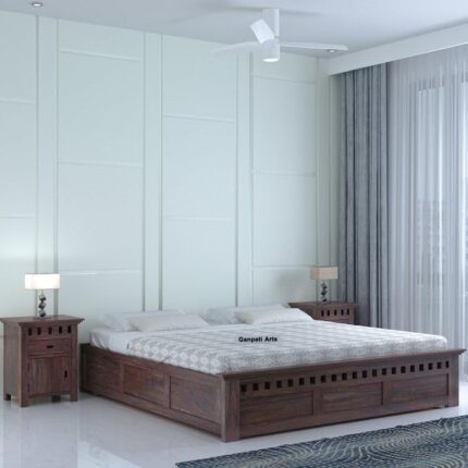 Sheesham Wood Queen Size Bed - Walnut Finish-Box