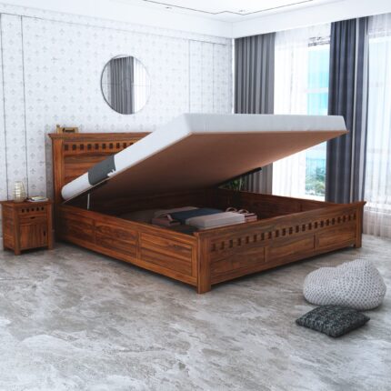 Sheesham Wood Queen Size Bed - Natural Finish_HYD