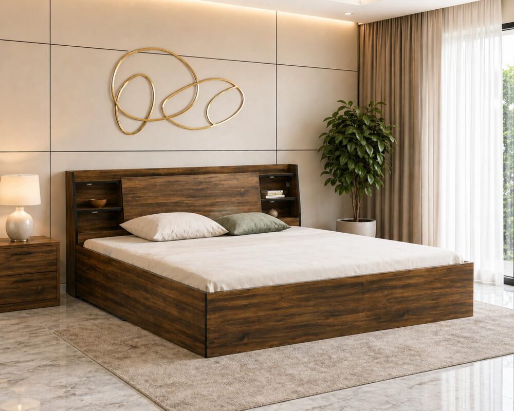 Engineered Wood King Size Bed - Walnut Finish
