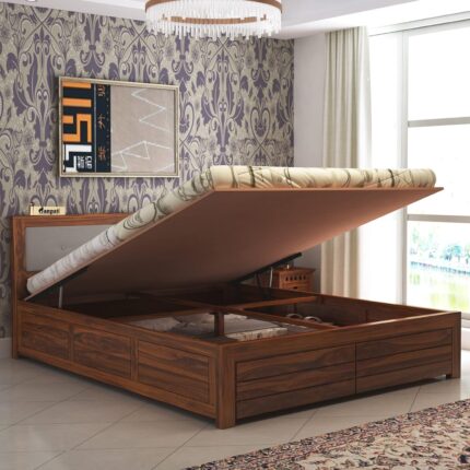 Sheesham Wood King Size Bed - Natural Finish-Hydraulic Storage